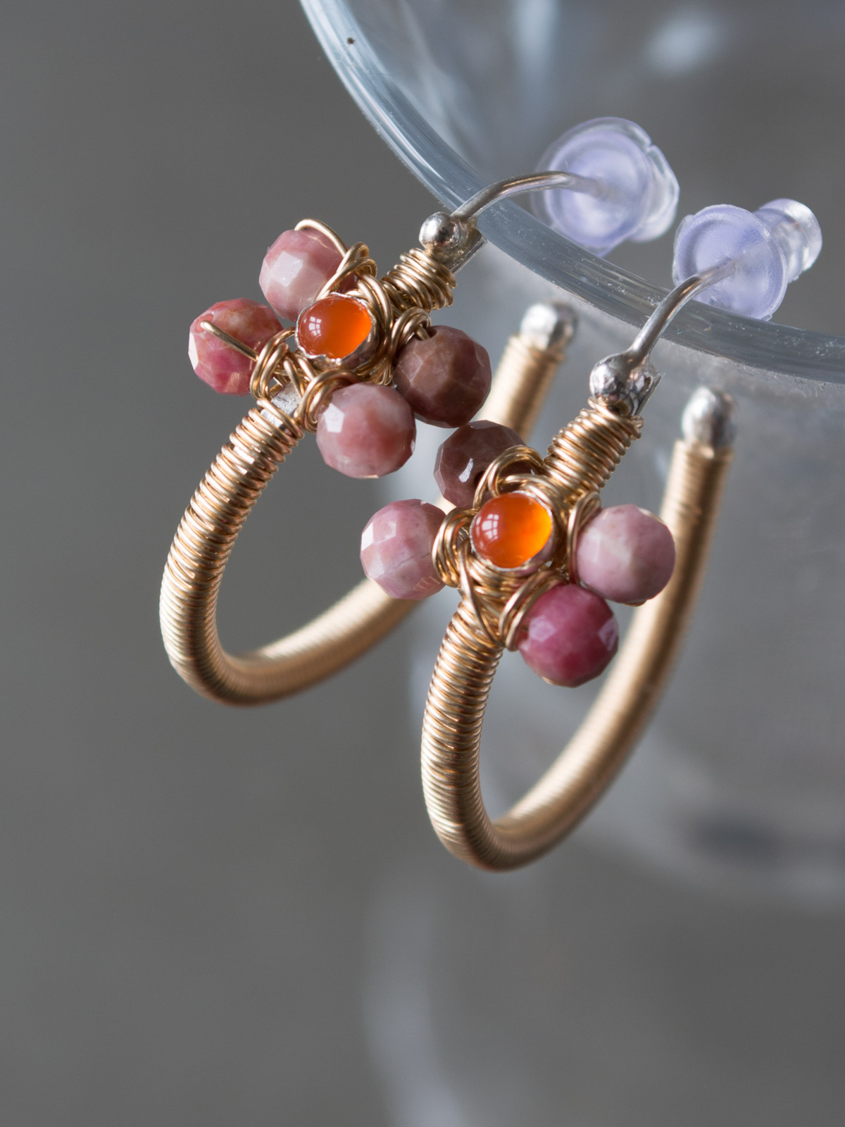 earrings Jasmine hoop, coral red crystal, rhodonite